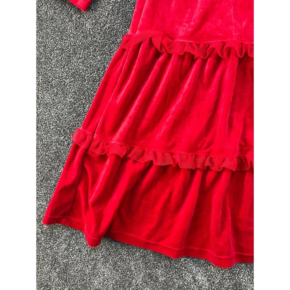 Hanna Andersson Red Velvet Tiered Ruffle Dress Girls Size‎ 150 Long Sleeve NEW
